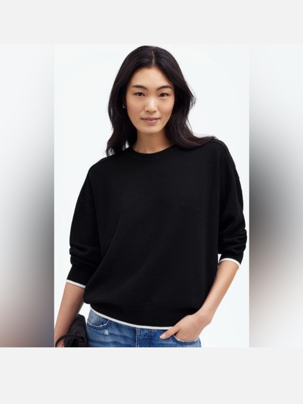 Madewell Hayes 100% Merino Black White Trim Crew Neck Sweater